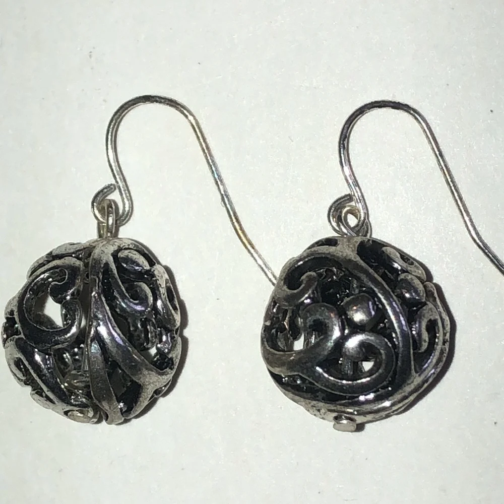 Elegant Silver Tone Filigree Beaded Ball Earrings
